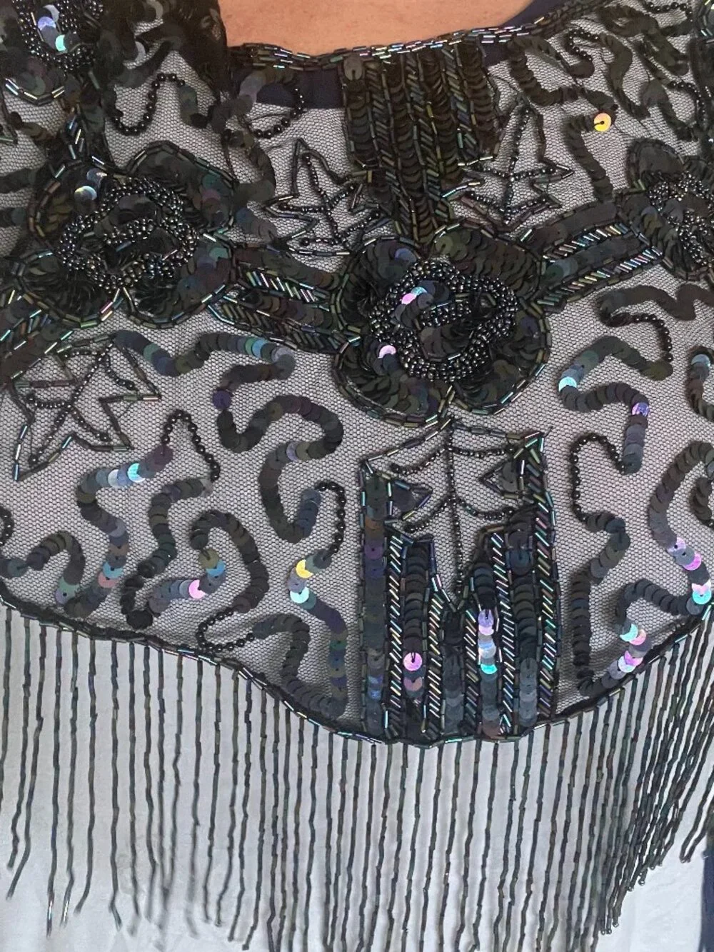 Vintage 80s iridescent Black Blue Beaded Sequin Fringe Capelet Shawl Holographic